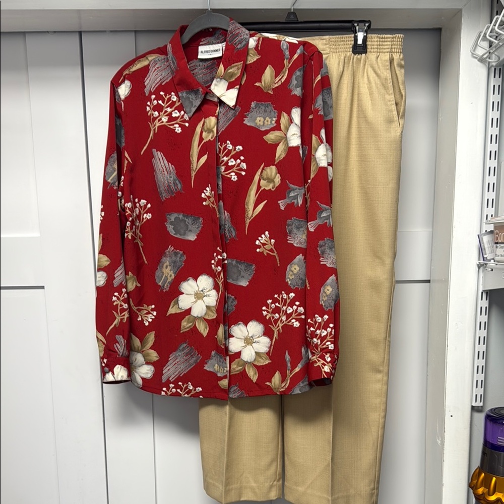 Alfred Dunner Red and Gray Patterned Shirt with coordinating pants.